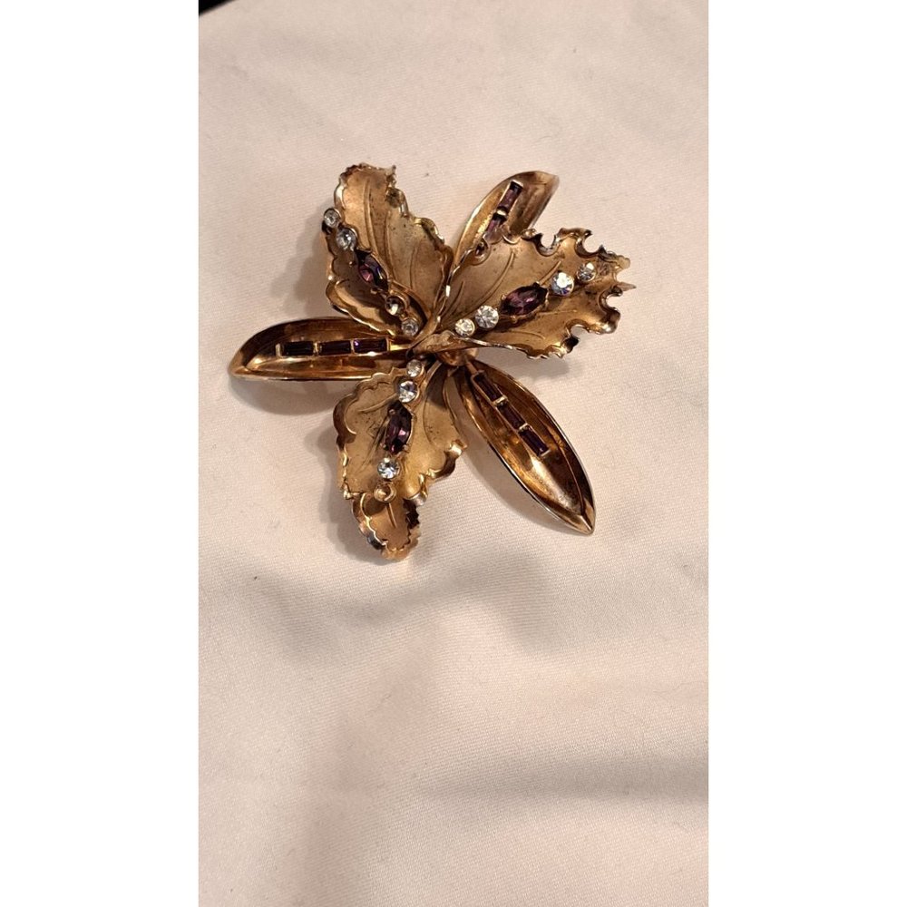 Vintage CORO CRAFT KATZ Gold Tone Bearded Iris Orchid ft/ clear and purple Rhine